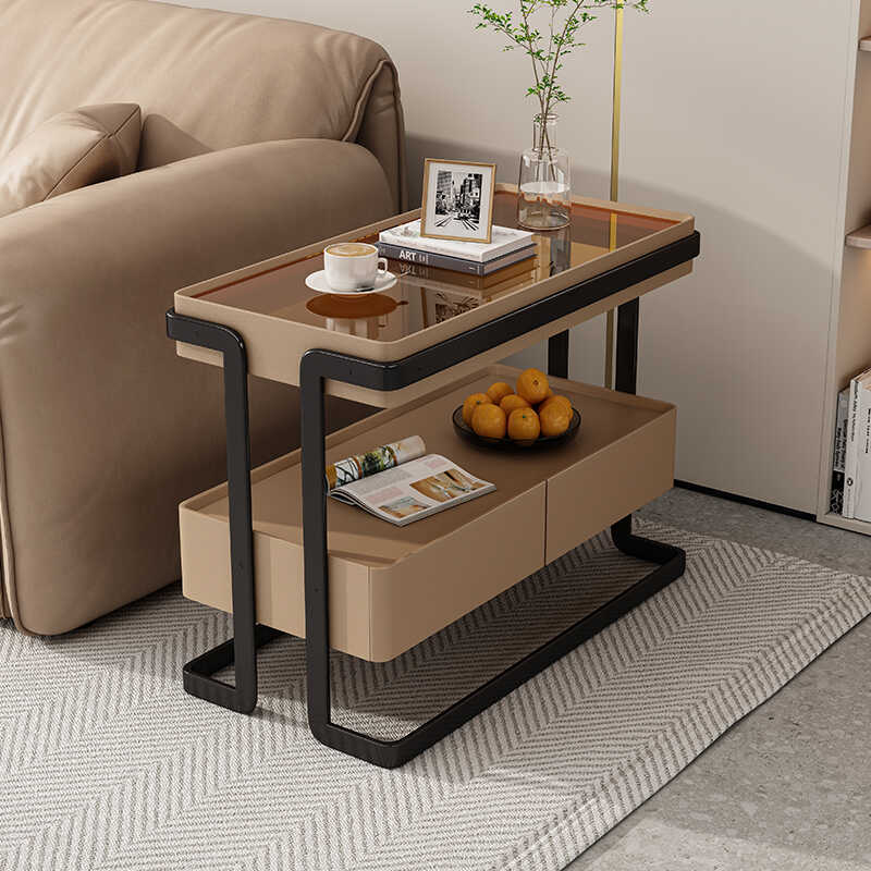 Modern Minimalist Rectangular Glass Carbon Steel Side Table 2-Drawer For Living Room