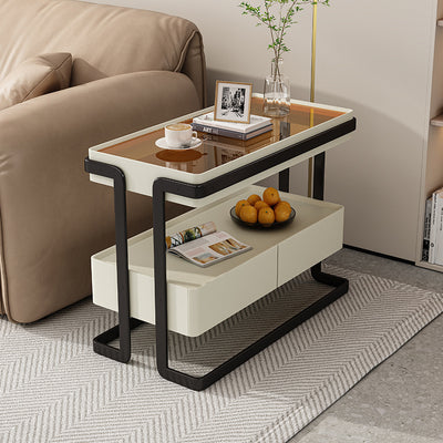 Modern Minimalist Rectangular Glass Carbon Steel Side Table 2-Drawer For Living Room