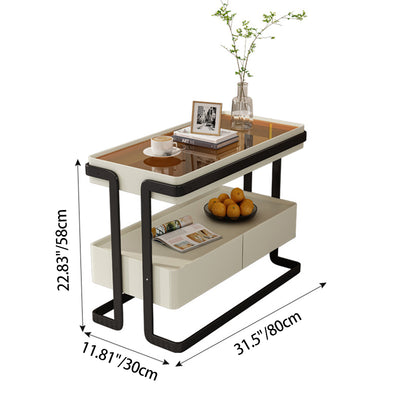 Modern Minimalist Rectangular Glass Carbon Steel Side Table 2-Drawer For Living Room