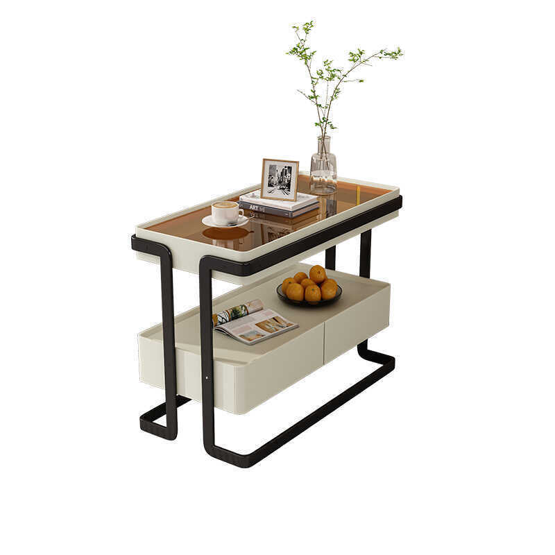 Modern Minimalist Rectangular Glass Carbon Steel Side Table 2-Drawer For Living Room