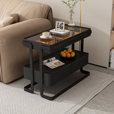 Modern Minimalist Rectangular Glass Carbon Steel Side Table 2-Drawer For Living Room