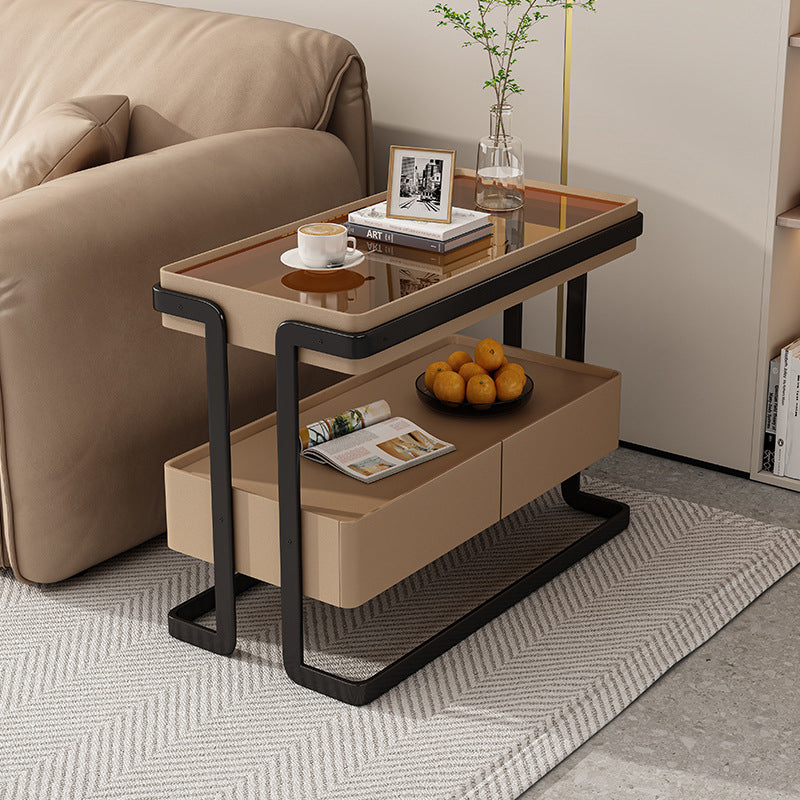 Modern Minimalist Rectangular Glass Carbon Steel Side Table 2-Drawer For Living Room