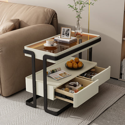 Modern Minimalist Rectangular Glass Carbon Steel Side Table 2-Drawer For Living Room