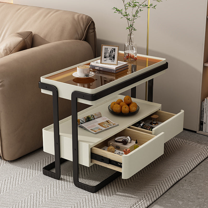 Modern Minimalist Rectangular Glass Carbon Steel Side Table 2-Drawer For Living Room