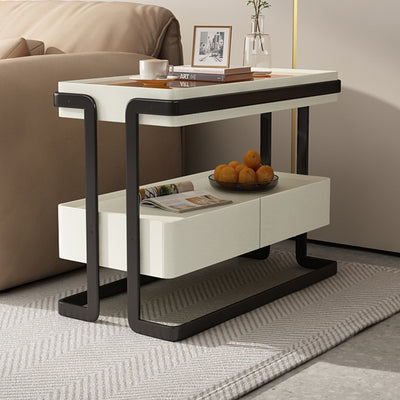 Modern Minimalist Rectangular Glass Carbon Steel Side Table 2-Drawer For Living Room