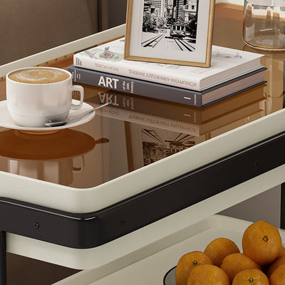 Modern Minimalist Rectangular Glass Carbon Steel Side Table 2-Drawer For Living Room
