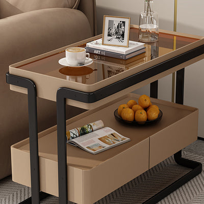 Modern Minimalist Rectangular Glass Carbon Steel Side Table 2-Drawer For Living Room