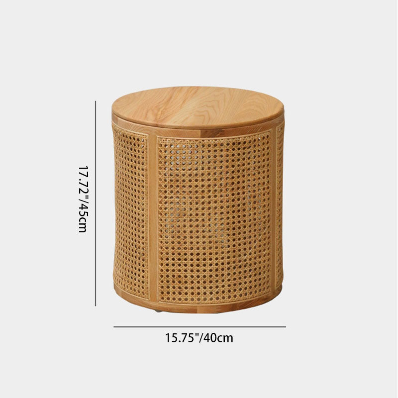 Modern Minimalist Round Solid Wood Multi-layer Board Rattan Weaving Storage End Table 1-Tier For Living Room