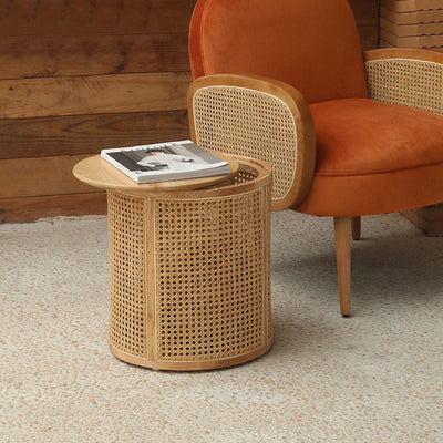 Modern Minimalist Round Solid Wood Multi-layer Board Rattan Weaving Storage End Table 1-Tier For Living Room