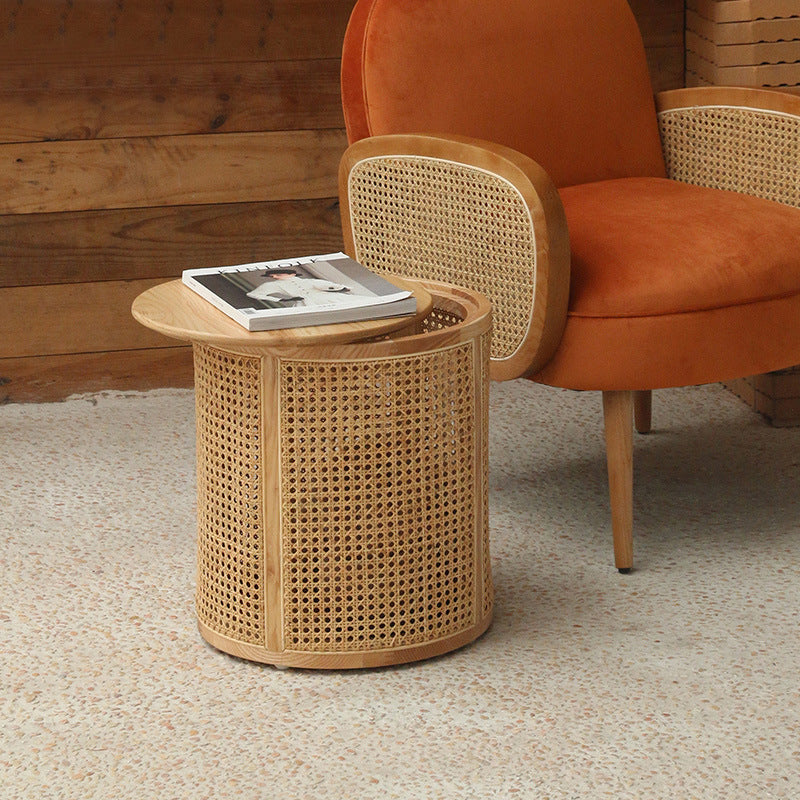 Modern Minimalist Round Solid Wood Multi-layer Board Rattan Weaving Storage End Table 1-Tier For Living Room
