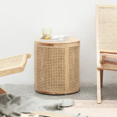 Modern Minimalist Round Solid Wood Multi-layer Board Rattan Weaving Storage End Table 1-Tier For Living Room