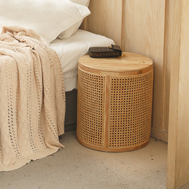 Modern Minimalist Round Solid Wood Multi-layer Board Rattan Weaving Storage End Table 1-Tier For Living Room