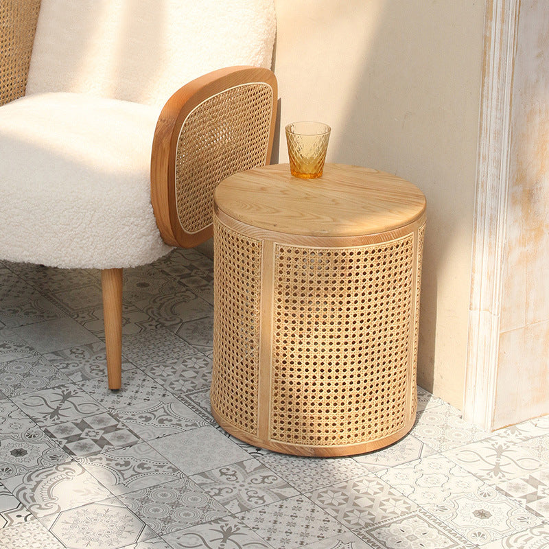 Modern Minimalist Round Solid Wood Multi-layer Board Rattan Weaving Storage End Table 1-Tier For Living Room