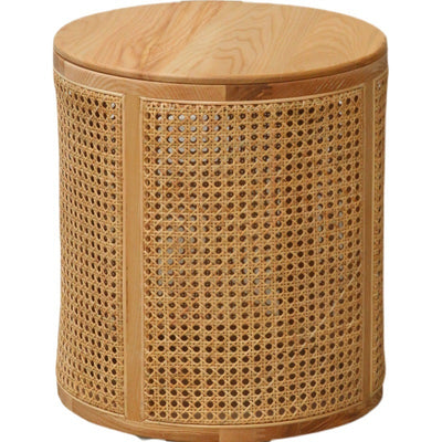 Modern Minimalist Round Solid Wood Multi-layer Board Rattan Weaving Storage End Table 1-Tier For Living Room