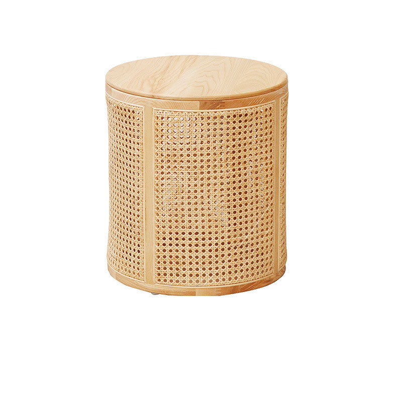 Modern Minimalist Round Solid Wood Multi-layer Board Rattan Weaving Storage End Table 1-Tier For Living Room