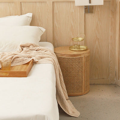Modern Minimalist Round Solid Wood Multi-layer Board Rattan Weaving Storage End Table 1-Tier For Living Room