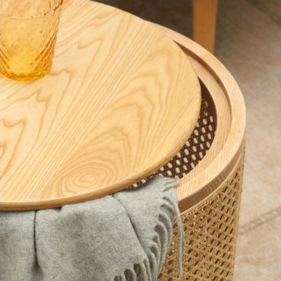 Modern Minimalist Round Solid Wood Multi-layer Board Rattan Weaving Storage End Table 1-Tier For Living Room