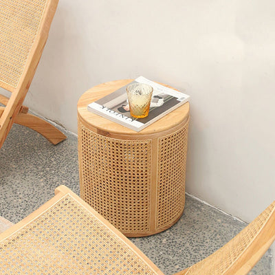 Modern Minimalist Round Solid Wood Multi-layer Board Rattan Weaving Storage End Table 1-Tier For Living Room