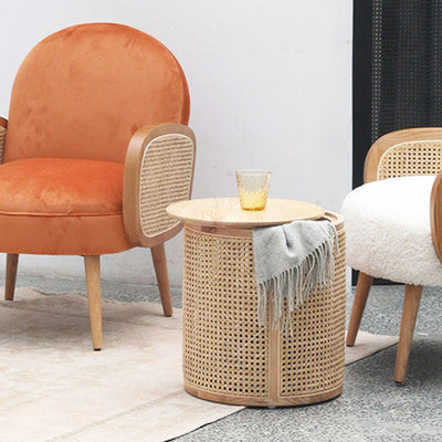 Modern Minimalist Round Solid Wood Multi-layer Board Rattan Weaving Storage End Table 1-Tier For Living Room