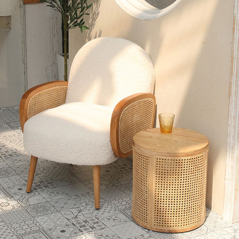 Modern Minimalist Round Solid Wood Multi-layer Board Rattan Weaving Storage End Table 1-Tier For Living Room