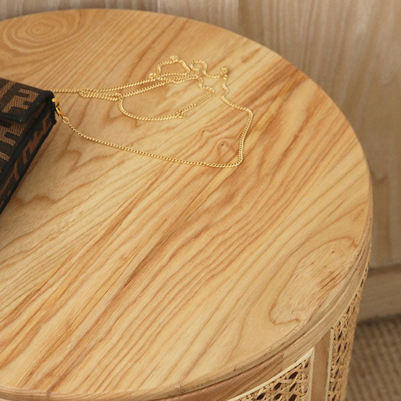 Modern Minimalist Round Solid Wood Multi-layer Board Rattan Weaving Storage End Table 1-Tier For Living Room