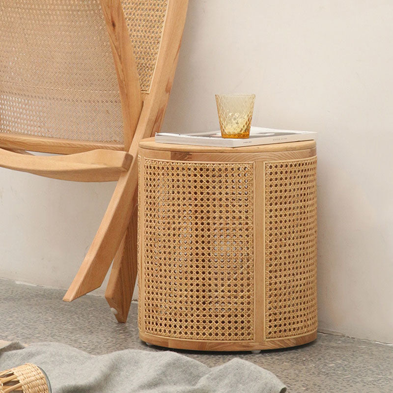 Modern Minimalist Round Solid Wood Multi-layer Board Rattan Weaving Storage End Table 1-Tier For Living Room