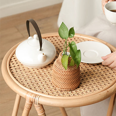 Contemporary Simplicity Round Rattan Weaving End Table 1-Tier For Living Room