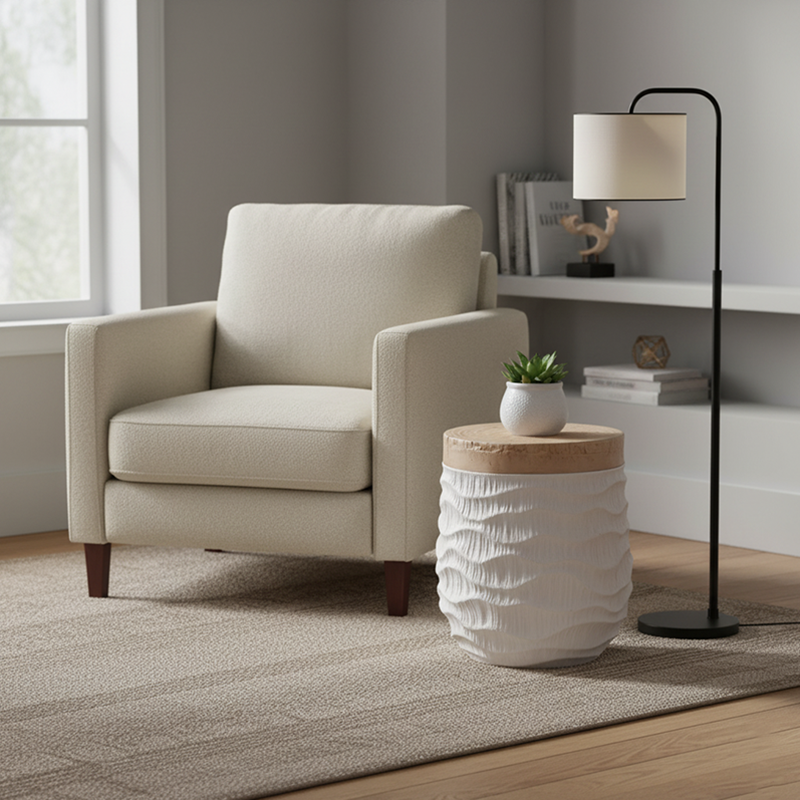 Modern Art Deco Round Magnesium Oxide Side Table 1-Tier For Living Room
