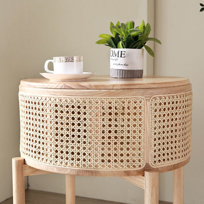 Contemporary Scandinavian Round Solid Wood Multi-layer Board Rattan Weaving Ash Wood Storage Side Table 1-Tier For Living Room