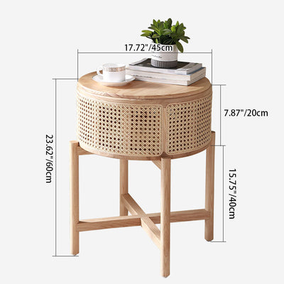 Contemporary Scandinavian Round Solid Wood Multi-layer Board Rattan Weaving Ash Wood Storage Side Table 1-Tier For Living Room