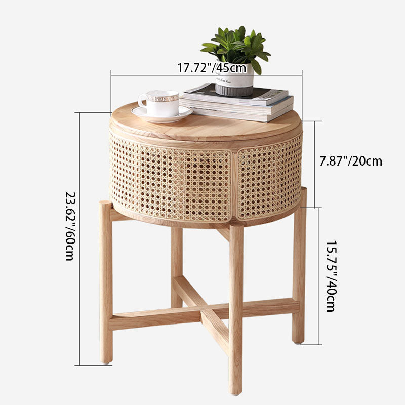Contemporary Scandinavian Round Solid Wood Multi-layer Board Rattan Weaving Ash Wood Storage Side Table 1-Tier For Living Room