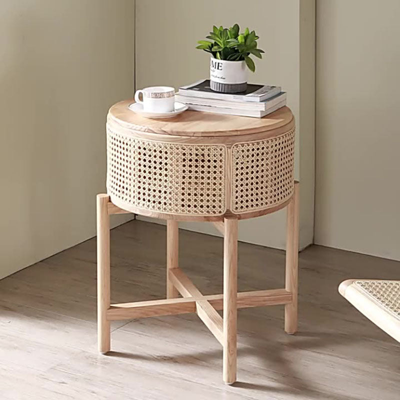 Contemporary Scandinavian Round Solid Wood Multi-layer Board Rattan Weaving Ash Wood Storage Side Table 1-Tier For Living Room