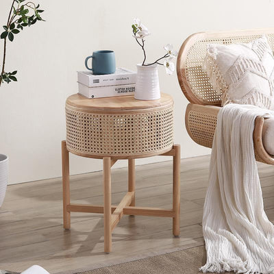 Contemporary Scandinavian Round Solid Wood Multi-layer Board Rattan Weaving Ash Wood Storage Side Table 1-Tier For Living Room