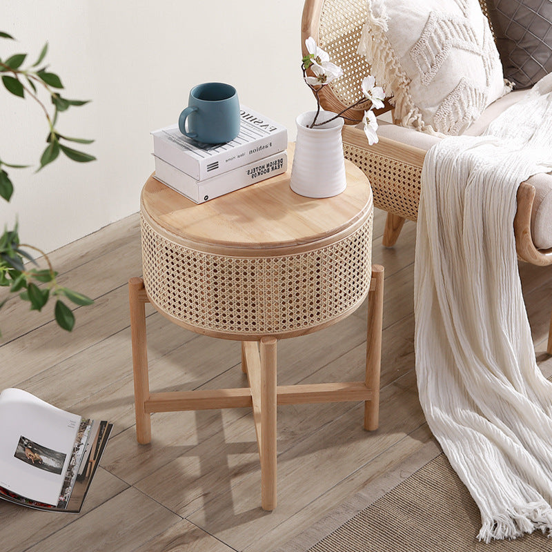 Contemporary Scandinavian Round Solid Wood Multi-layer Board Rattan Weaving Ash Wood Storage Side Table 1-Tier For Living Room
