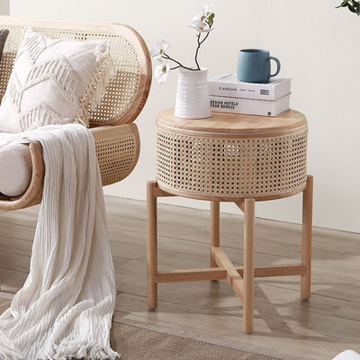 Contemporary Scandinavian Round Solid Wood Multi-layer Board Rattan Weaving Ash Wood Storage Side Table 1-Tier For Living Room