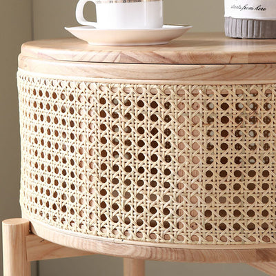 Contemporary Scandinavian Round Solid Wood Multi-layer Board Rattan Weaving Ash Wood Storage Side Table 1-Tier For Living Room