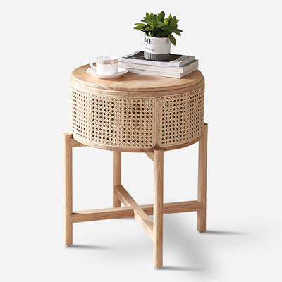 Contemporary Scandinavian Round Solid Wood Multi-layer Board Rattan Weaving Ash Wood Storage Side Table 1-Tier For Living Room