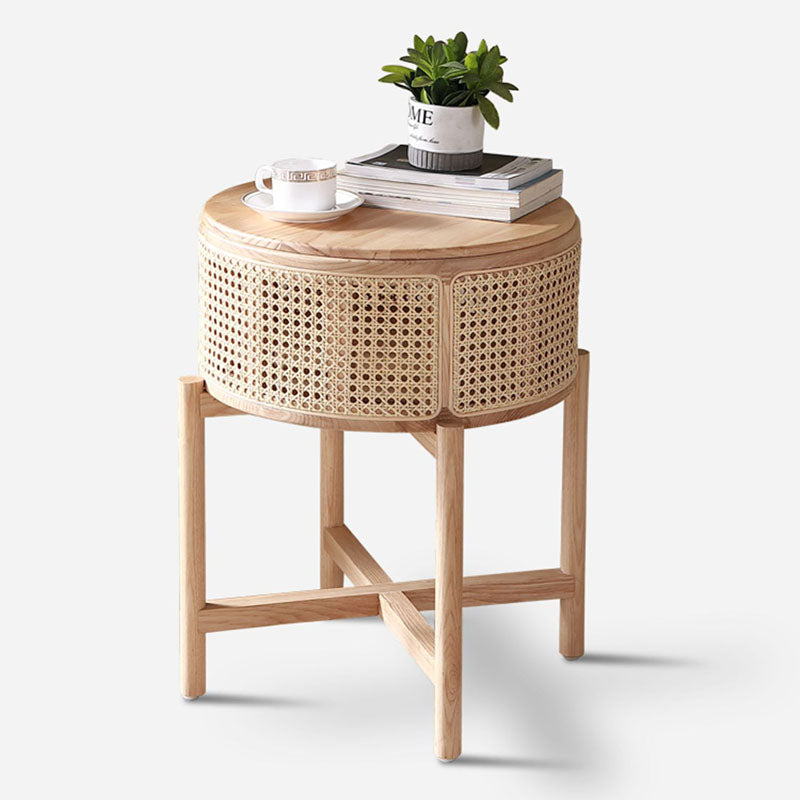 Contemporary Scandinavian Round Solid Wood Multi-layer Board Rattan Weaving Ash Wood Storage Side Table 1-Tier For Living Room