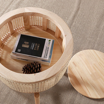Contemporary Scandinavian Round Solid Wood Multi-layer Board Rattan Weaving Ash Wood Storage Side Table 1-Tier For Living Room