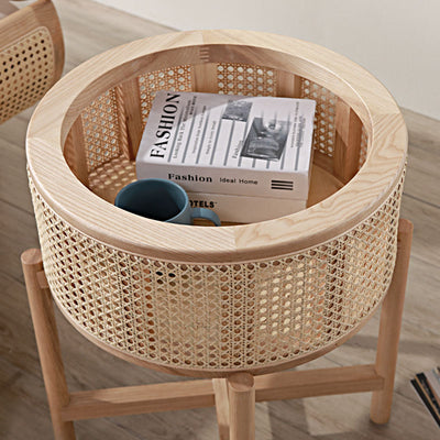 Contemporary Scandinavian Round Solid Wood Multi-layer Board Rattan Weaving Ash Wood Storage Side Table 1-Tier For Living Room