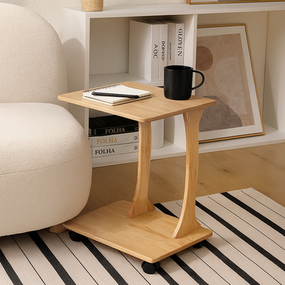 Modern Minimalist Rectangular Rubberwood Movable Side Table 2-Tier For Living Room