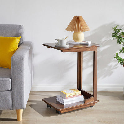 Modern Minimalist Rectangular Rubberwood Movable Side Table 2-Tier For Living Room