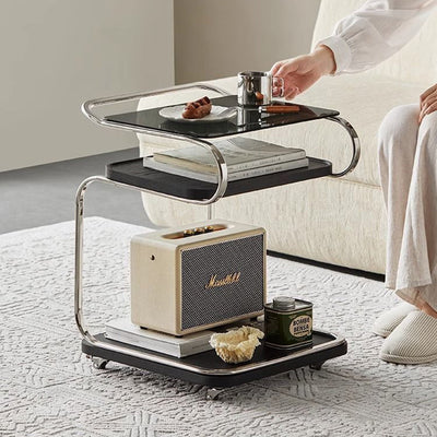 Contemporary Scandinavian Rectangular Glass MDF Iron Movable Side Table 1-Tier For Living Room