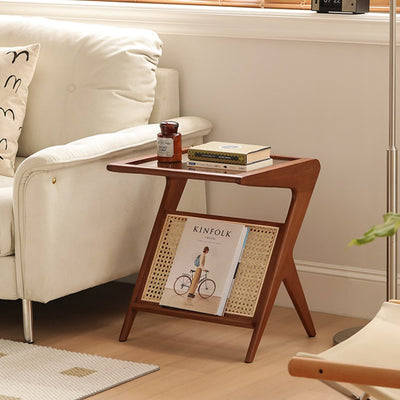 Modern Minimalist Square Glass Ash Wood Cherry Wood Rattan Weaving Side Table 1-Tier For Living Room