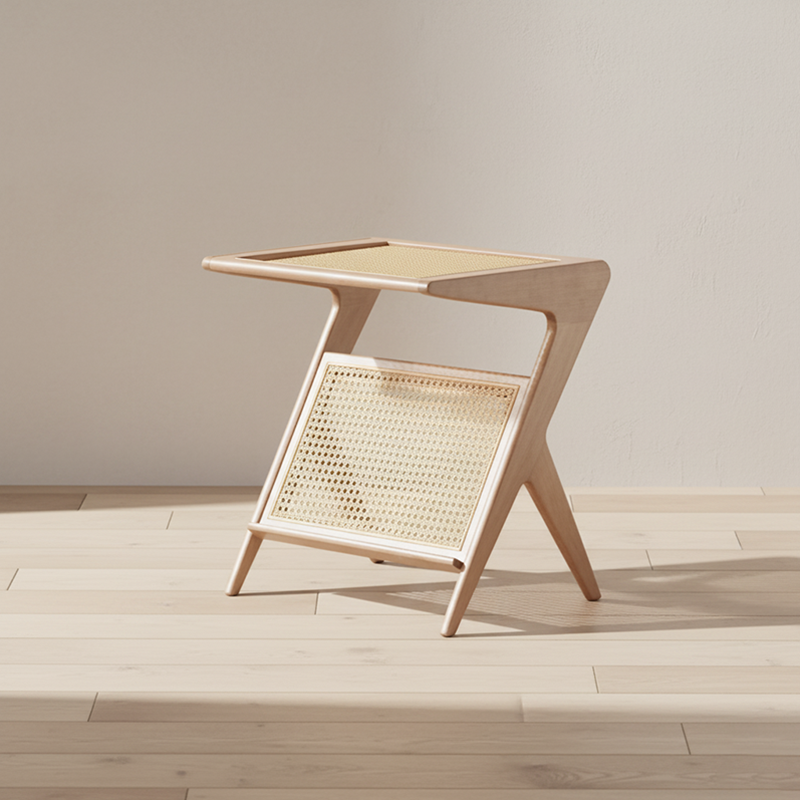 Modern Minimalist Square Glass Ash Wood Cherry Wood Rattan Weaving Side Table 1-Tier For Living Room