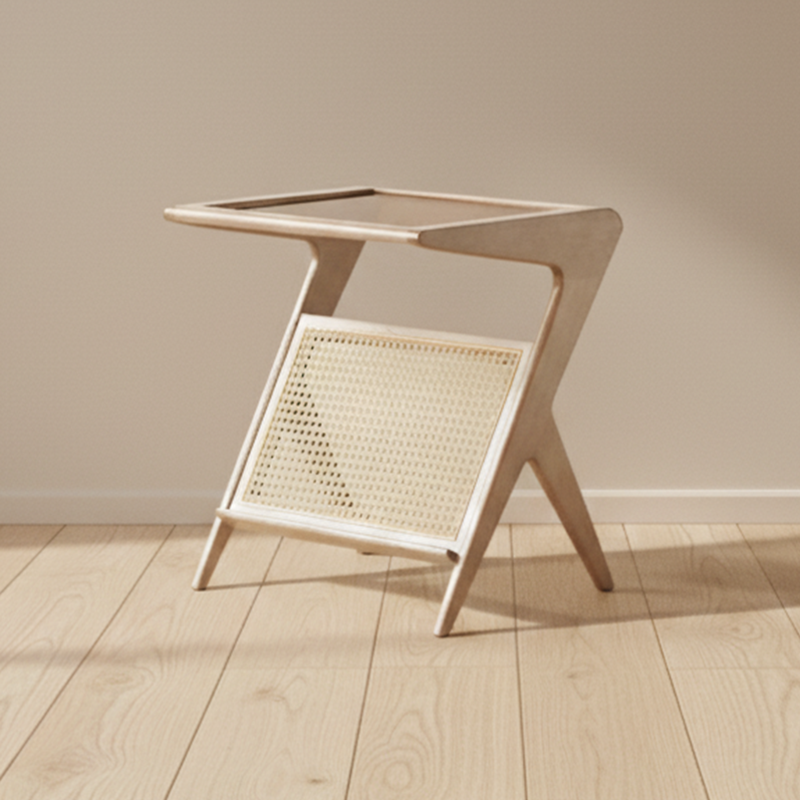 Modern Minimalist Square Glass Ash Wood Cherry Wood Rattan Weaving Side Table 1-Tier For Living Room