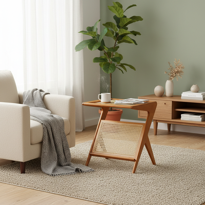 Modern Minimalist Square Glass Ash Wood Cherry Wood Rattan Weaving Side Table 1-Tier For Living Room
