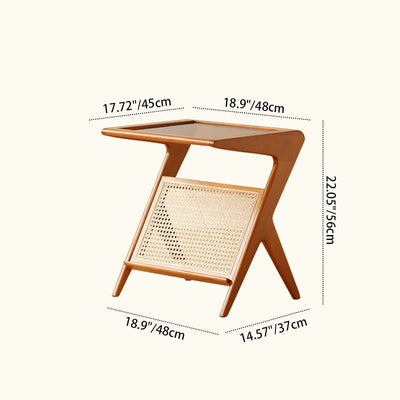 Modern Minimalist Square Glass Ash Wood Cherry Wood Rattan Weaving Side Table 1-Tier For Living Room