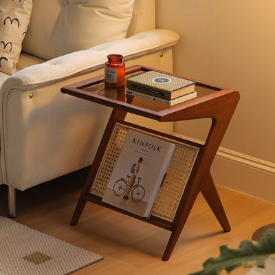 Modern Minimalist Square Glass Ash Wood Cherry Wood Rattan Weaving Side Table 1-Tier For Living Room