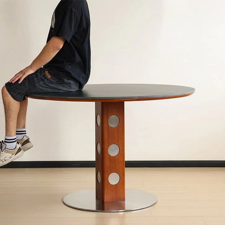Mesa de Comedor Redonda Minimalista Moderna de Piedra Sinterizada con Madera de Boj y Acero Inoxidable para 4-7 Asientos 